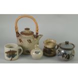 FIVE PIECES OF STUDIO POTTERY, COMPRISING; WARWICK PARKER TEAPOT with bamboo handle, ROBERT TINNYUNT