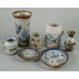 SEVEN PIECES OF STUDIO POTTERY COMPRISING; MARIANNE DE TREY LARGE MUG PATTERN VASE, painted in tones