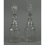 PAIR OF FACET CUT GLASS MALLET SHAPE DECANTERS AND STOPPERS, 12" (30.5cm) high (2)