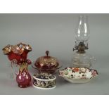 VICTORIAN FLORAL ENAMELLED AND GILT CRANBERRY GLASS CREAM JUG AND SUGAR BASIN and a similar circular