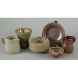 SIX PIECES OF ST. IVES RELATED STUDIO POTTERY COMPRISING; A SALT GLAZED WINE TASTING/HANDLED BOWL, 3