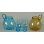 KRISTALUNIE, 'ROZENDAAL', BLUE GLASS WATER SET OF FIVE PIECES, comprising; GLOBULAR JUG with high