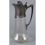 A GERMAN ART NOUVEAU PEWTER MOUNTED WHEEL ENGRAVED CLEAR GLASS DECANTER JUG, the mount unmarked, the