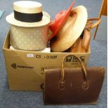MIXED LOT TO INCLUDE CLUTCH BAGS, SCENT BOTTLES, DRESSING TABLE WARES, DUNN & CO, STRAW BOATER,