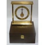 JAEGER-LE-COULTRE BOXED GILT METAL AND FOUR GLASS MANTEL CLOCK, with 'sixteen jewels' visible