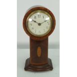 EDWARDIAN INLAID MAHOGANY MANTEL CLOCK, the 4" Arabic dial powered by a drum shaped, spring driven