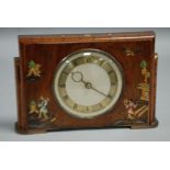 1930s WALNUT AND CHINOISSERIE LACQUERED MANTLE CLOCK, stepped oblong form with white and gilt