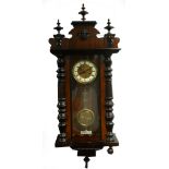 LATE VICTORIAN MAHOGANY STAINED VEINED WALL CLOCK, the 5" Roman dial with matted gilt centre,