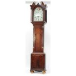 LATE 18th CENTURY OAK AND MAHOGANY CROSSBANDED LONGCASE CLOCK, the 10" painted dial with scroll