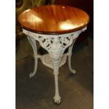 A WHITE PAINTED CAST IRON BRITANNIA TABLE WITH REPLACEMENT MAHOGANY CIRCULAR TOP