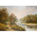 LES PARSON (MODERN) OIL PAINTING ON CANVAS RIVER LANDSCAPE WITH CHILDREN AT PLAY 20" X 30"