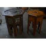 AN EARLY 1900's HEXAGONAL POKER-WORK DECORATED STAND, AND A MOTHER O'PEARL INLAID MIDDLE EASTERN