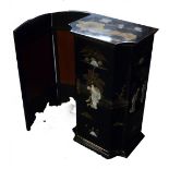 A JAPANESE BONE ENCRUSTED LACQUER TWO FOLD SCREEN, ALSO A SMALL JAPANESE MOTHER O'PEARL ENCRUSTED