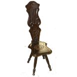 A CARVED OAK SPINNING STOOL