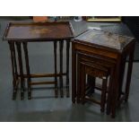 A NEST OF 3 TABLES WITH MARQUETRY INLAID TOPS, ALSO AN EASTERN NEST OF THREE DITTO