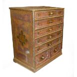 AN EASTERN PAINTED AND BRASS MOUNTED SMALL CHEST OF SIX SMALL DRAWERS WITH BRASS KNOB HANDLES, 18"