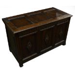 CIRCA 1920'S OAK BLANKET CHEST WITH APPLIED DECORATION AND METAL STRAPWORK HINGES