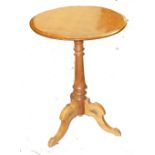 VICTORIAN BLONDWOOD SMALL TRIPOD OCCASIONAL TABLE, PINE CIRCULAR TOP ON SATINWOOD TRIPOD BASE