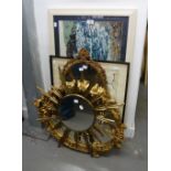 STARBURST CIRCULAR WALL MIRROR, TWO OTHER MIRRORS, A WOOLWORK TAPESTRY AND A MAP IN A FRAMED