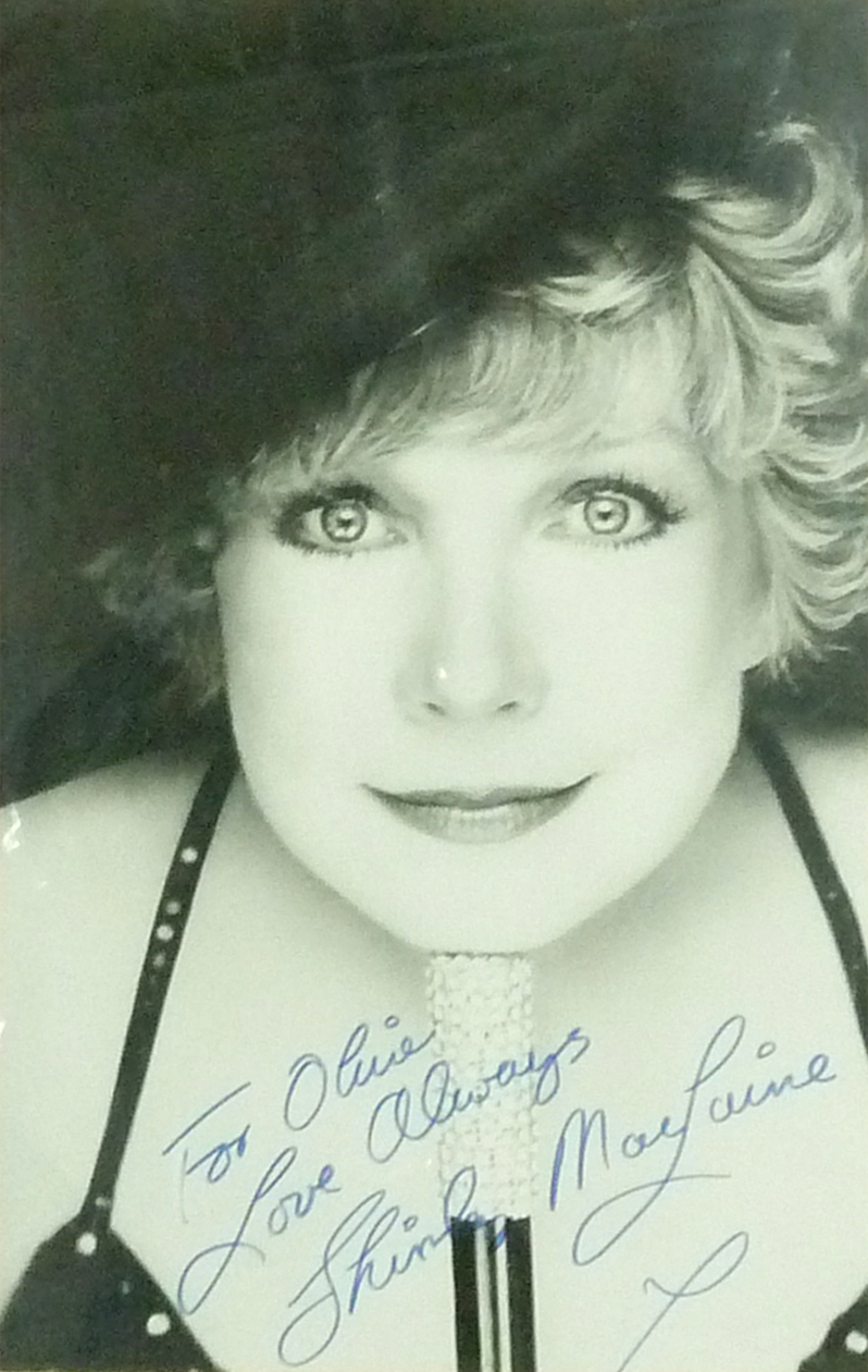 SHIRLEY MACLAINE SIGNED BLACK AND WHITE PHOTOGRAPH inscribed 'For Olive, Love always, Shirley