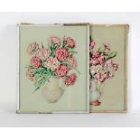 PAIR OF UNUSUAL EARLY 20th CENTURY TRIPLE GLASS REVERSE PAINTED 3-D EFFECT FLORAL STILL LIFE, signed