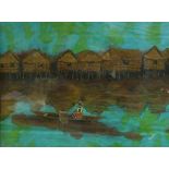 KENNY TAY or JAY (AFRICAN) GOUACHE DRAWING 'Riverine Village', signed lower right, titled on