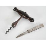 LATE 19 CENTURY CORKSCREW with turned wood handle the steel shaft with swollen crenellated end and