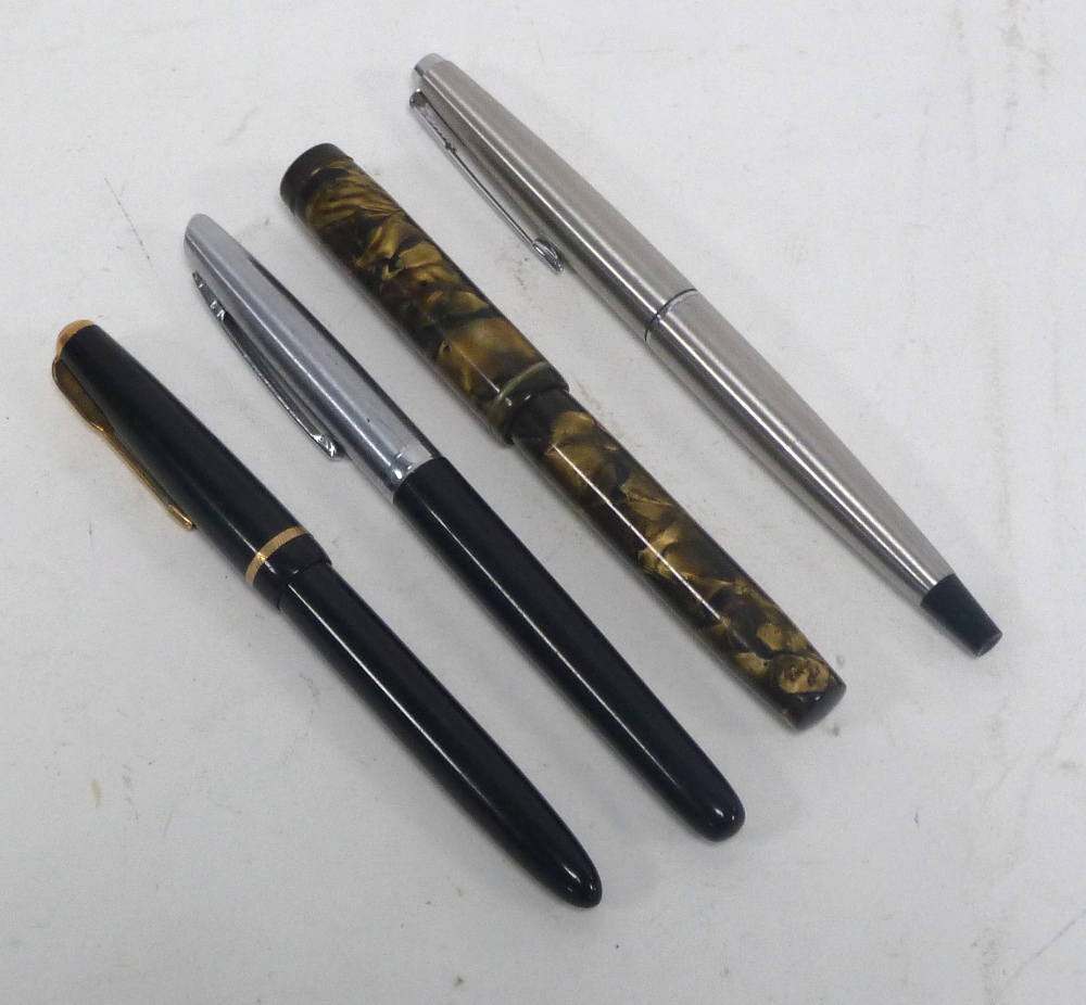 MENTMORE LEVEL FILL FOUNTAIN PEN with gilt and black marbled plastic case (top lacks clip) and