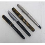 MENTMORE LEVEL FILL FOUNTAIN PEN with gilt and black marbled plastic case (top lacks clip) and