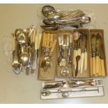 A QUANTITY OF LOOSE ELECTROPLATED CUTLERY, INCLUDING SERVING CUTLERY WITH MOTHER O'PEARL HANDLES