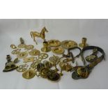 FOURTEEN LOOSE HORSE BRASSES AND THREE ON SHORT STRAPS, A BRASS MODEL OF A HORSE ETC......