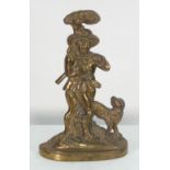 ANTIQUE BRASS DOOR STOP, modelled as a huntsman with dog, 14" (35.6cm) high