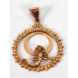 9ct GOLD DOUBLE CIRCLET PENDANT, overlaid with a scorpion holding a small citrine, 1 1/4"