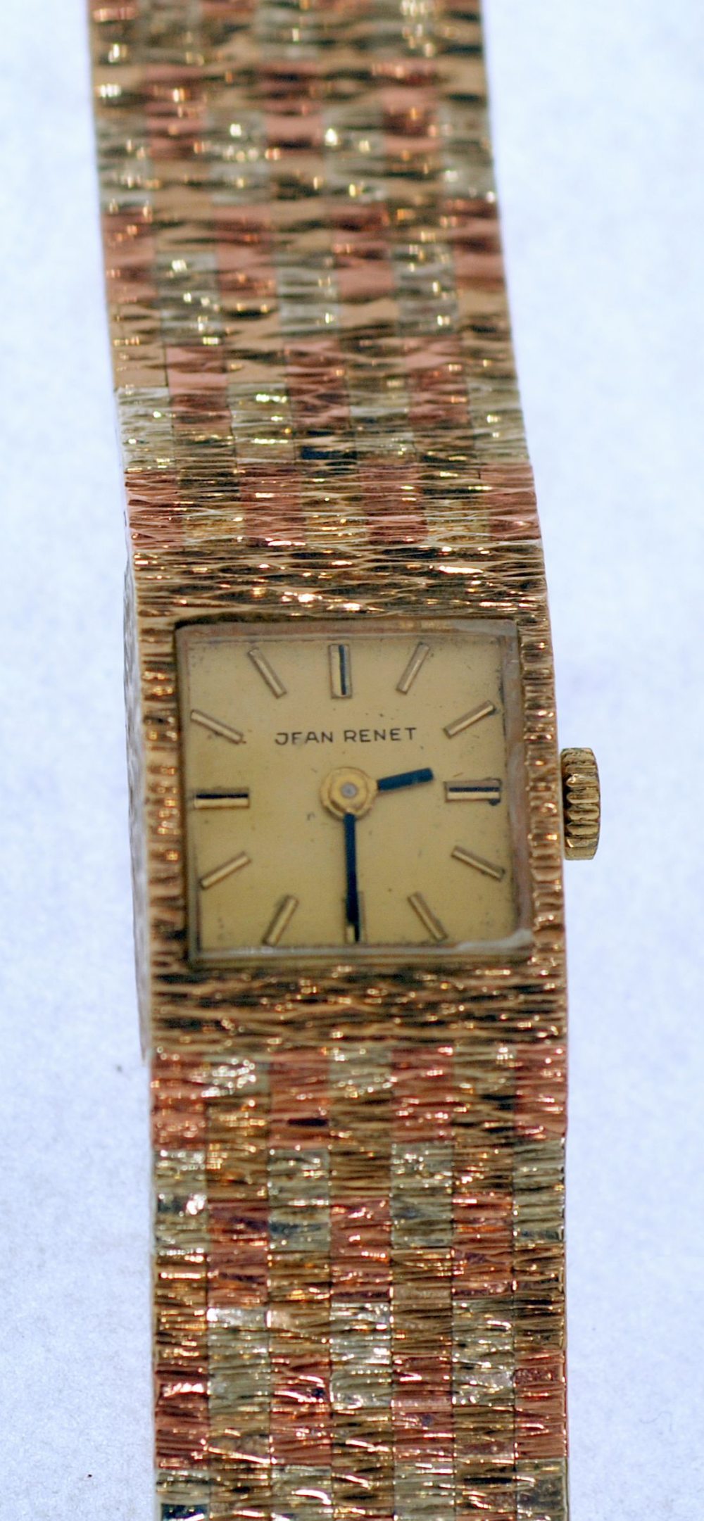JEAN RENET, LADY'S 9CT GOLD CASED WRISTWATCH, 17 jewel movement, gilt square dial with batons, in