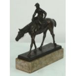 BRONZED SPELTER GROUP OF A RACE HORSE WITH JOCKEY UP, on oblong base, 8" high, 9" long, bolted on