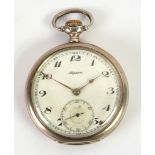 'ALPINA', GERMAN SILVER COLOURED METAL OPEN FACED POCKET WATCH, with keyless movement, white