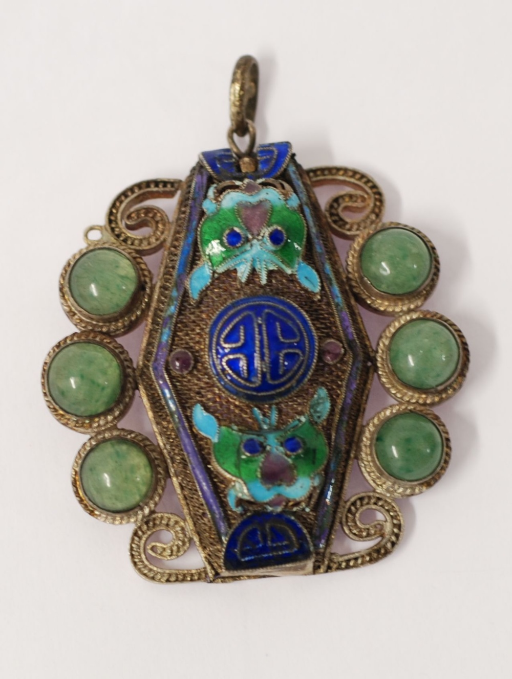 LATE NINETEENTH CENTURY CHINESE SILVER COLOURED METAL AND FILIGREE PENDANT, hexagonal, the front