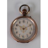 EARLY 20th CENTURY 9K GOLD FOB WATCH with keyless movement, gilt decorated porcelain Arabic white