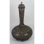 NINETEENTH CENTURY SILVERED COPPER INDO-PERSIAN VASE AND COVER, with all over finely chased repousse