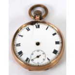 POCKET WATCH WITH 9ct GOLD OUTER CASE, keyless movement, white Roman dial, (a.f.) (lacks glass and