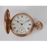 WALTHAM 9ct GOLD HUNTER POCKET WATCH, with keyless movement numbered 24663941, white Roman dial with