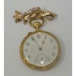 SWISS 18k GOLD AND ENAMELLED FOB WATCH, with keyless movement, white Arabic dial with subsidiary