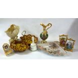 A LIMOGES CHINA EWER, 7" HIGH AND OTHER CHINA ORNAMENTS, INCLUDING A BROKEN BELLEEK SHELL PATTERN