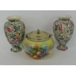 PAIR OF WINCLE POTTERY JACOBEAN FLORAL PRINTED POTTERY VASES AND A BOHEMIAN CHINA FRUIT PRINTED