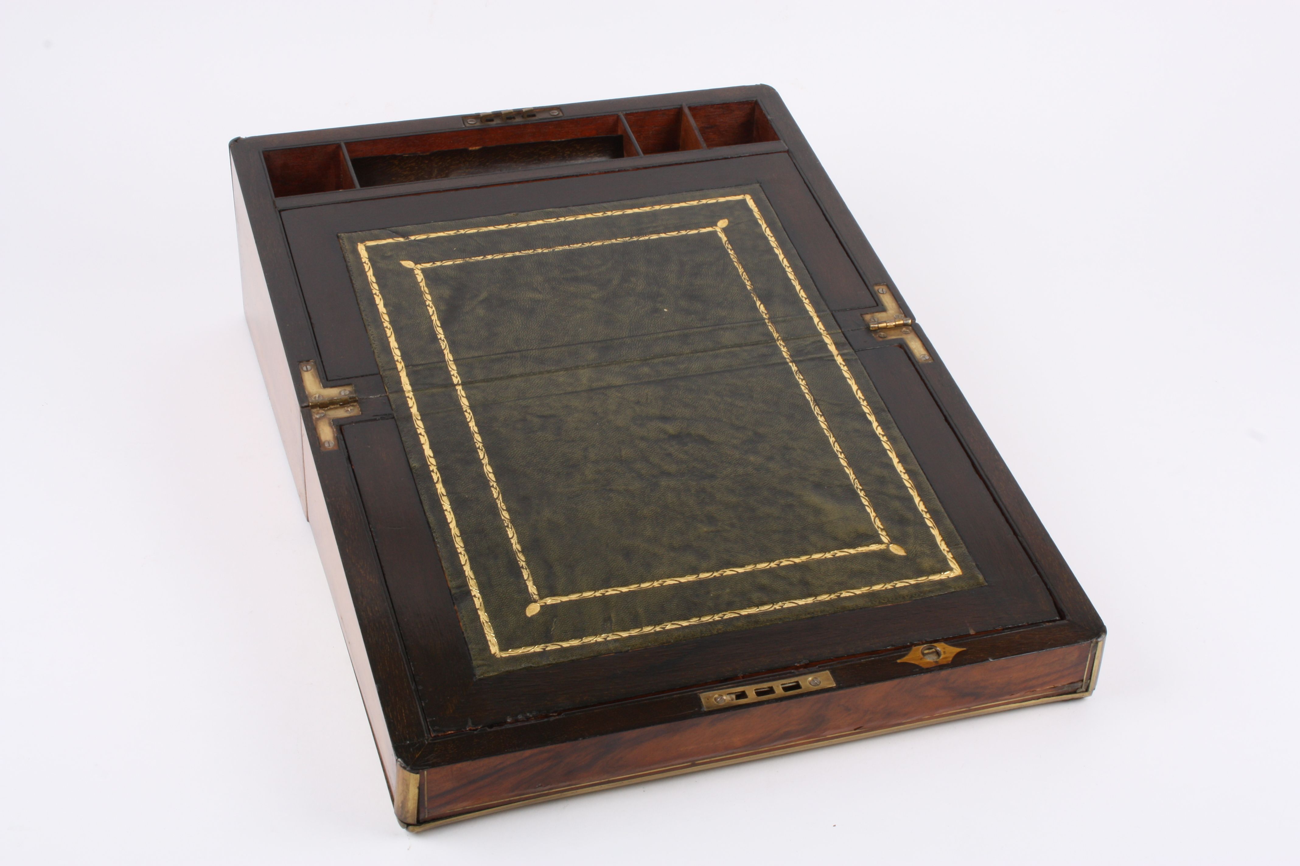 A Victorian figured walnut writing box
with brass bound edges and cartouche, and fitted interior., - Image 2 of 3