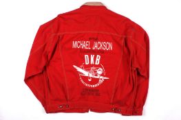 A red signed Michael Jackson Dangerous Copenhagen tour jacketwith beige leather collar and metal