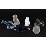 A collection of six Swedish Kosta glass animals
including a 1982 WWF blue whale, a 1977 walrus, a