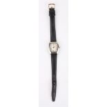 A ladies Longines stainless steel quartz wristwatch
the lozenge shaped silvered dial with black