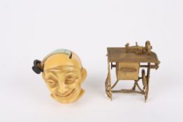 Two novelty tape measuresthe first in the form of a Victorian treadle sewing machine, the second
