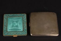 An engine turned silver cigarette casehallmarked London 1932, together with a gilt and green